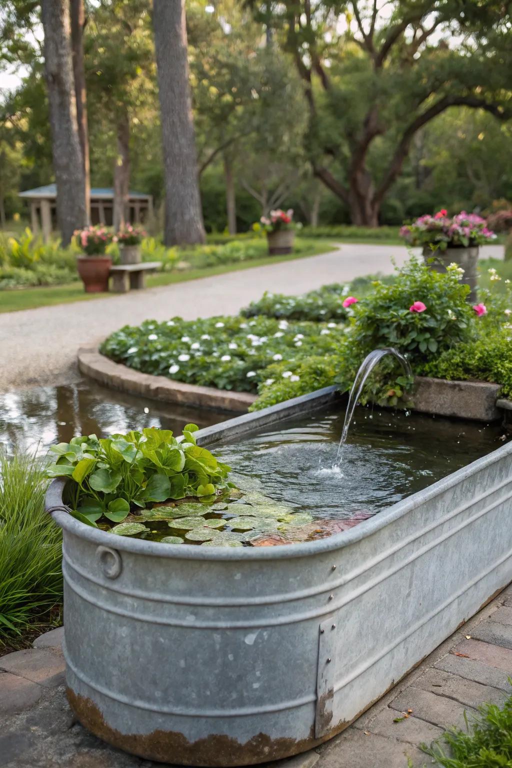 Drifting green patches lend a singular touch to a trough fountain.