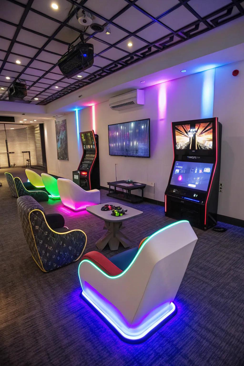 Radiant chairs projecting a lively light show, enriching your gaming adventures.