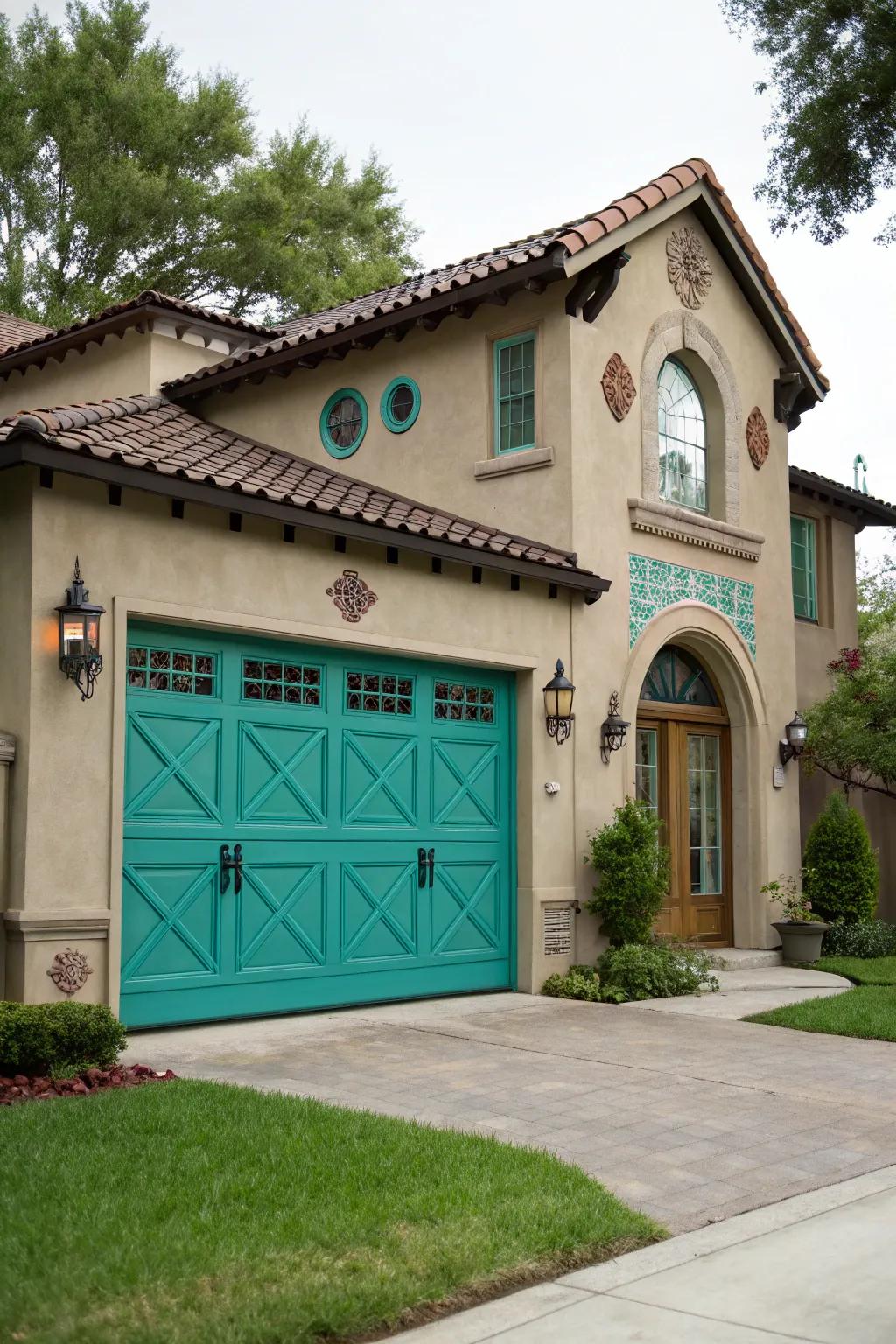 Vibrant blue-green garage entries offer a refreshing and lively contrast.