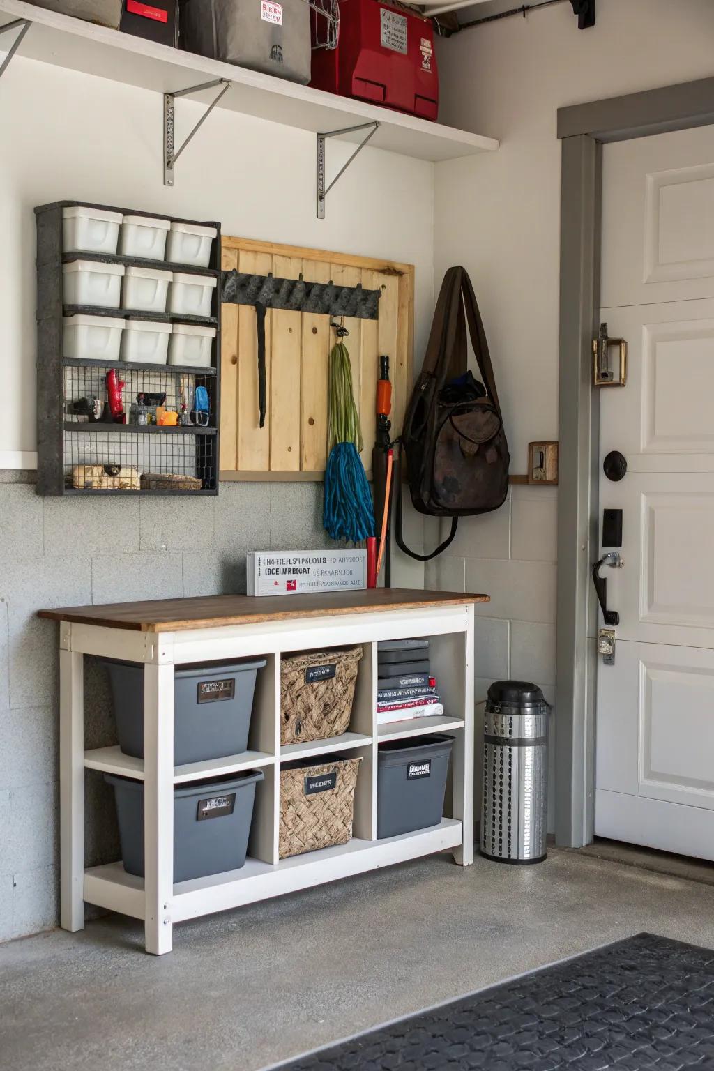 A placement area keeps routine essentials obtainable and organized.