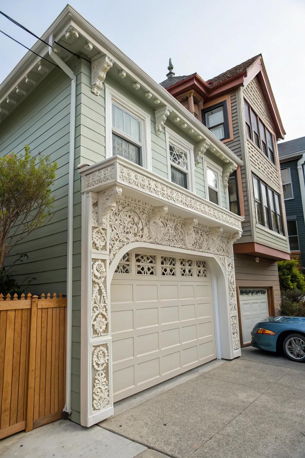 Artistic moldings add character to garage trim.