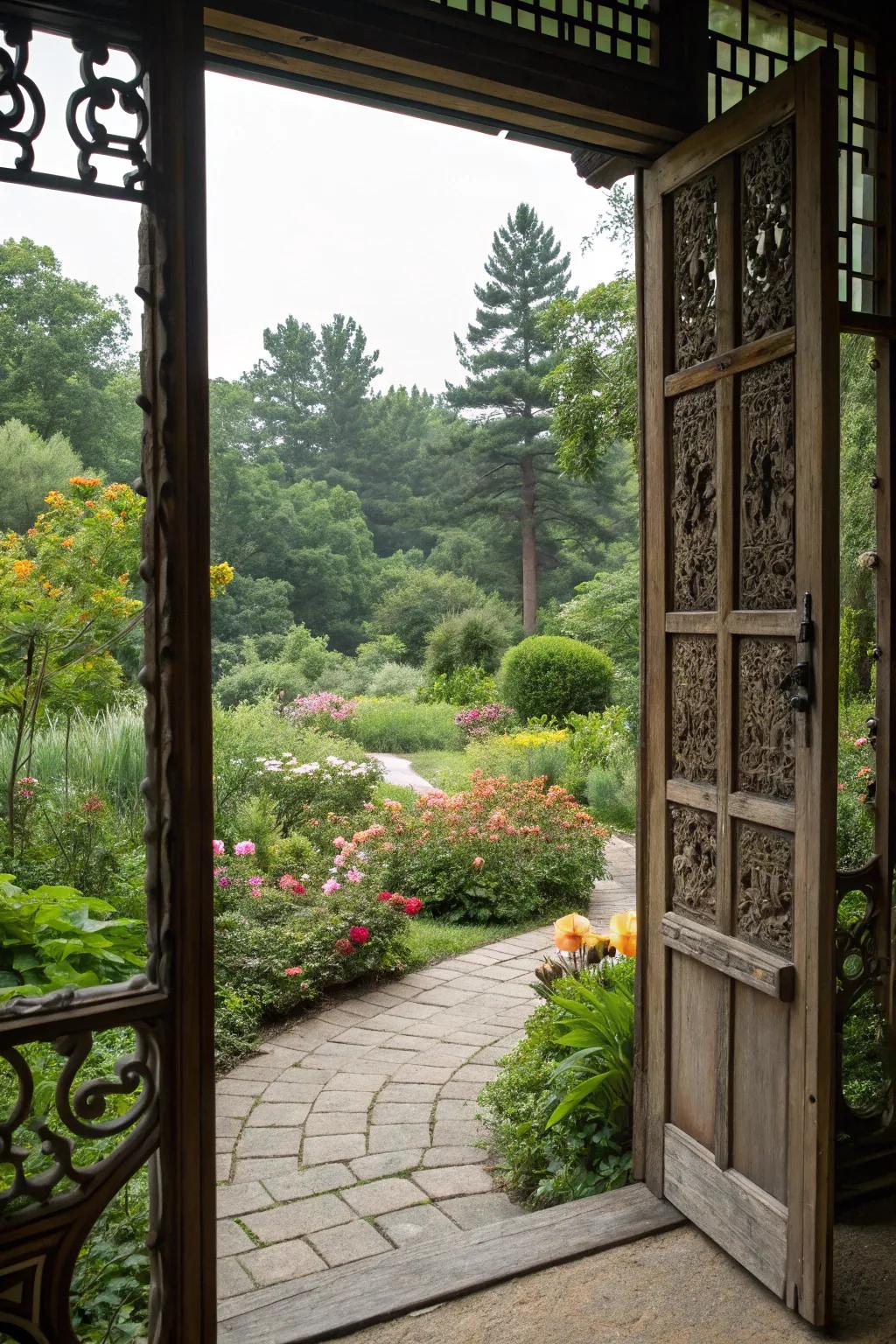 Glazed gate offers a preview of your garden sanctuary.