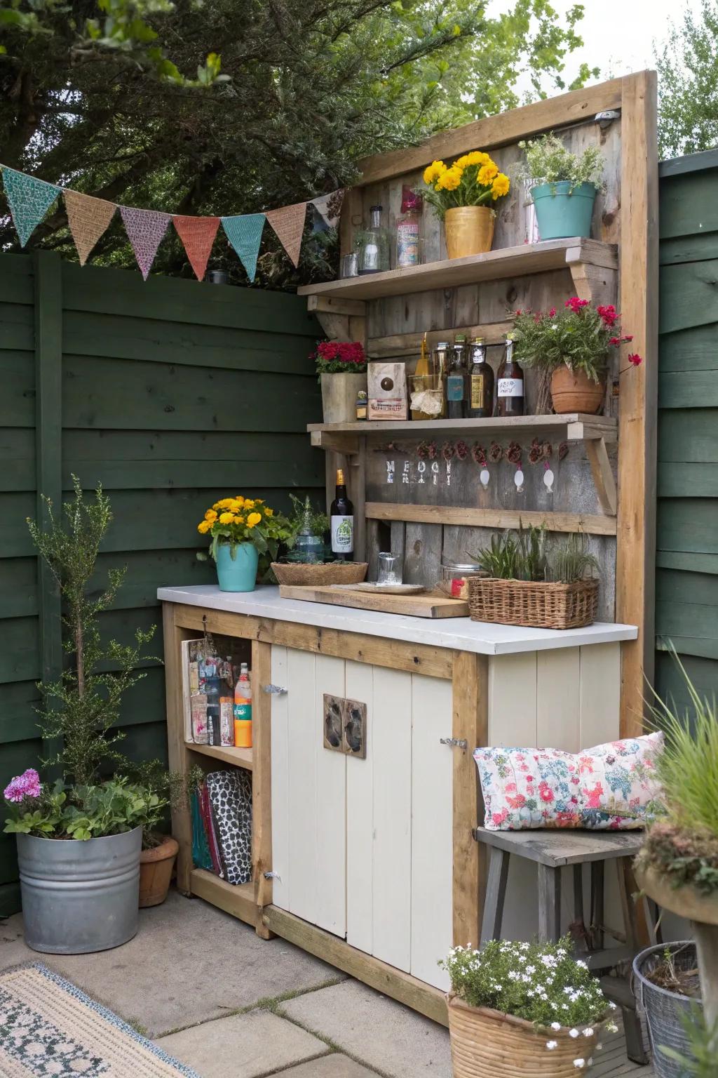 A DIY garden station adds a convivial attribute to outdoor sectors.