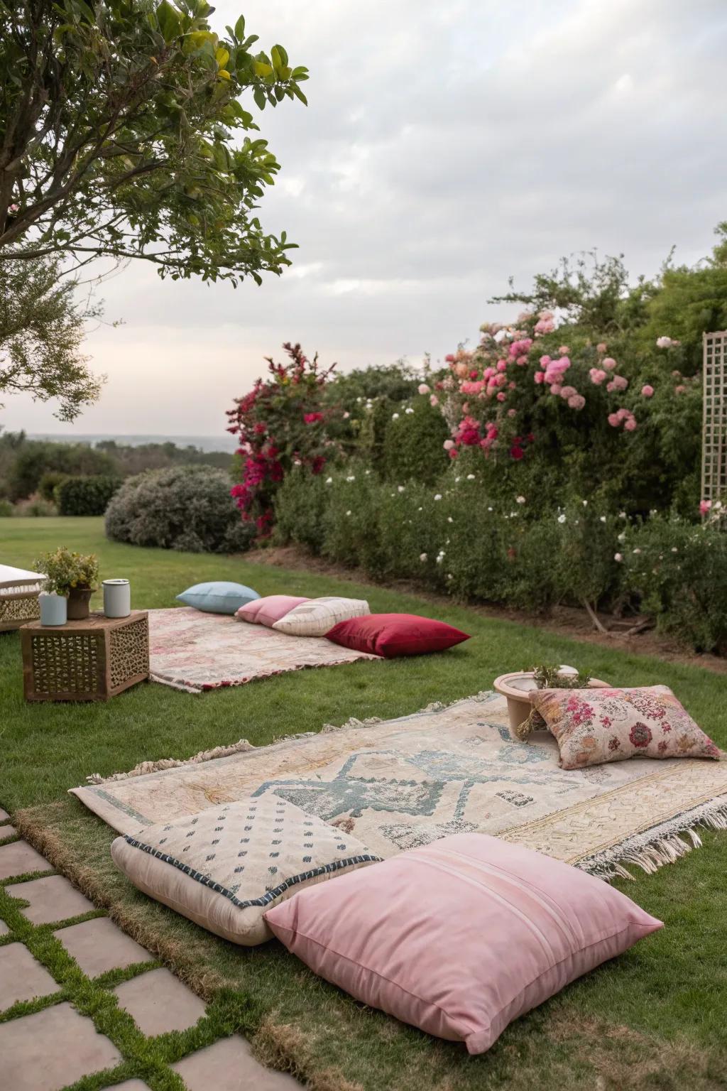 Interior aspects like rugs and cushions bring comfort outdoors.