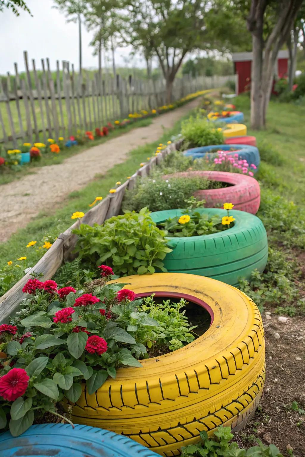 Upcycled tire planters add a splash of enjoyment and color.