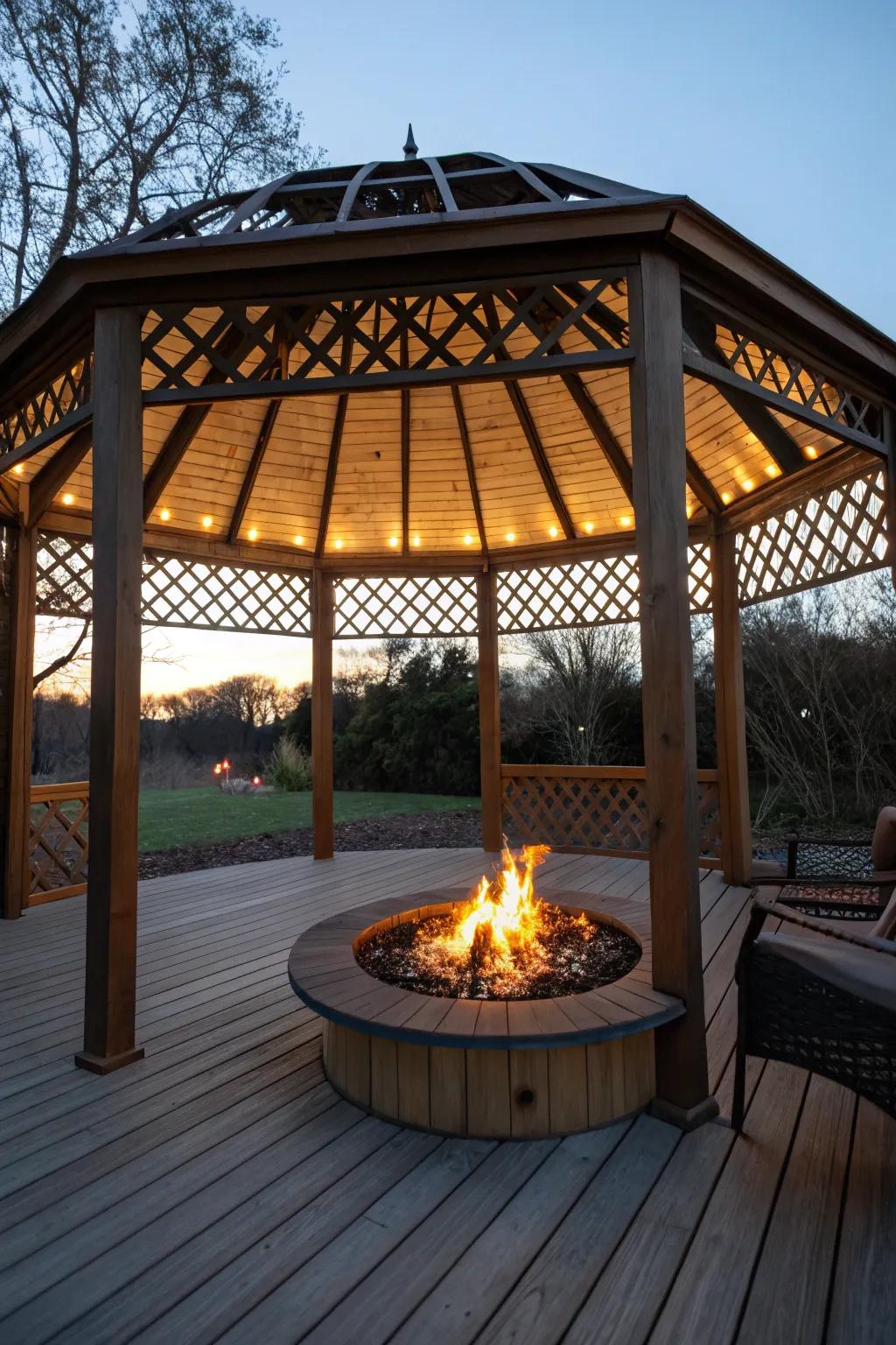 A fire pit adds warmth and serves as a captivating focal point.