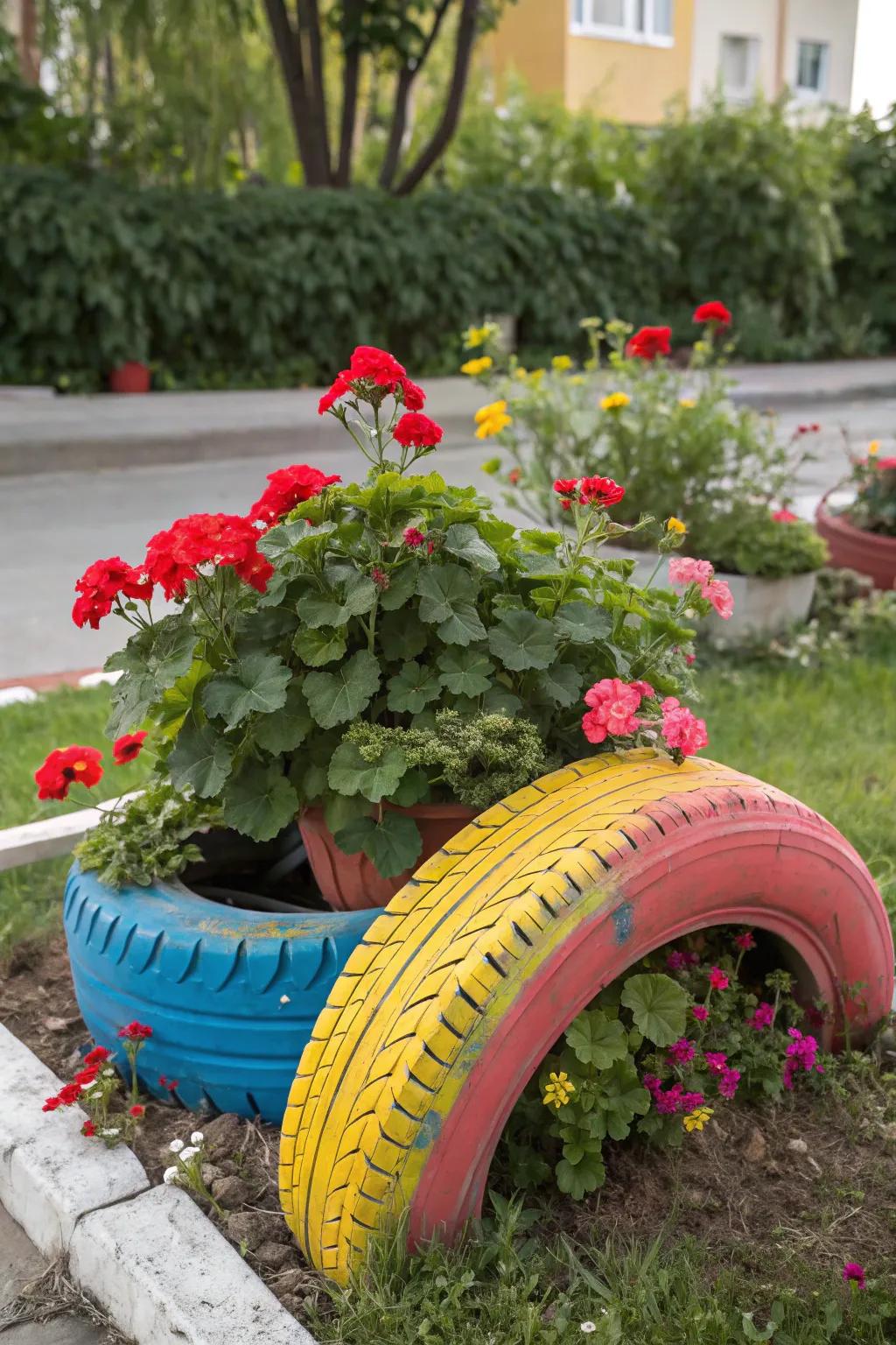 A creatively revamped ring adds a splash of color and fun as a geranium bed.