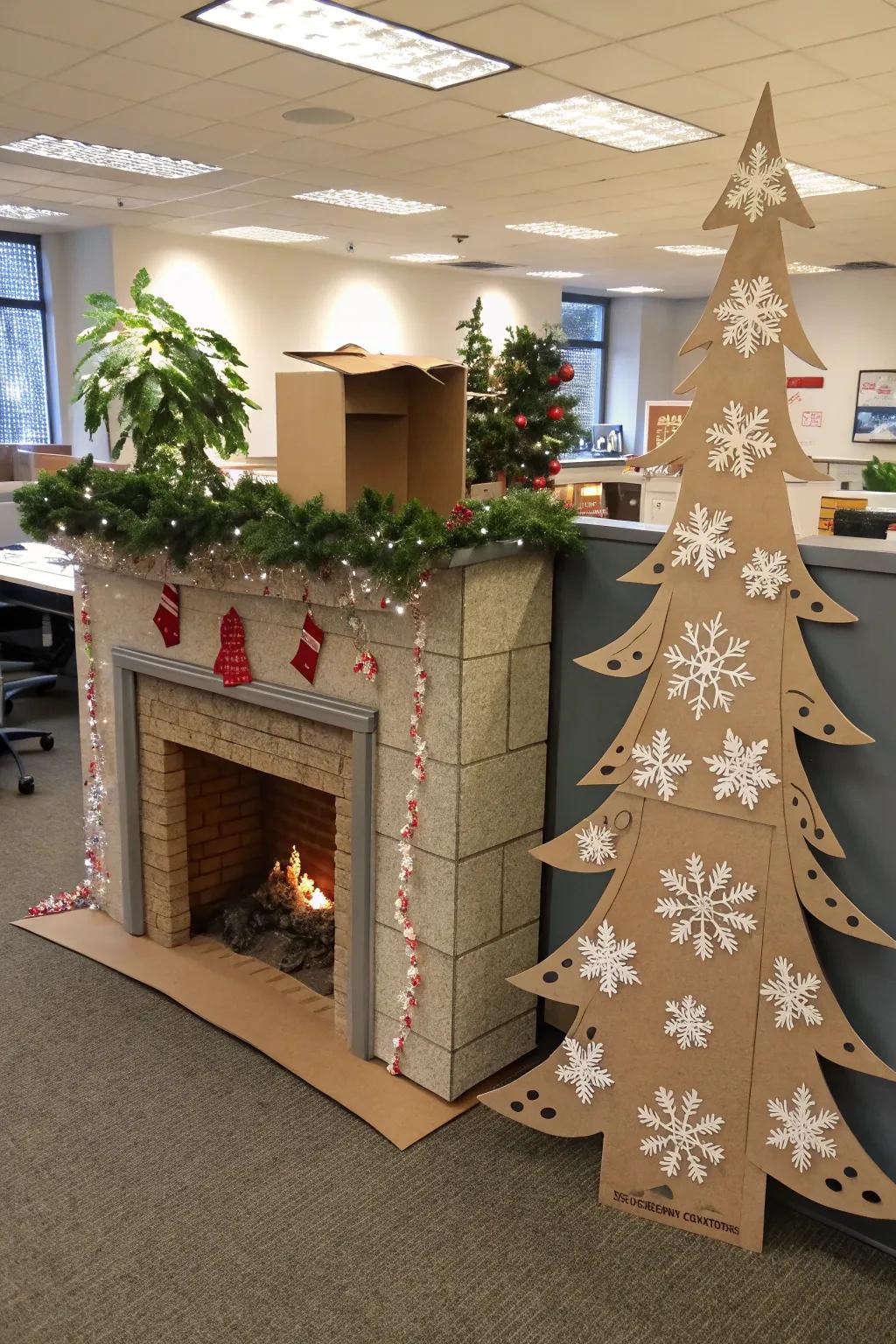 A cozy fireplace warms the office.