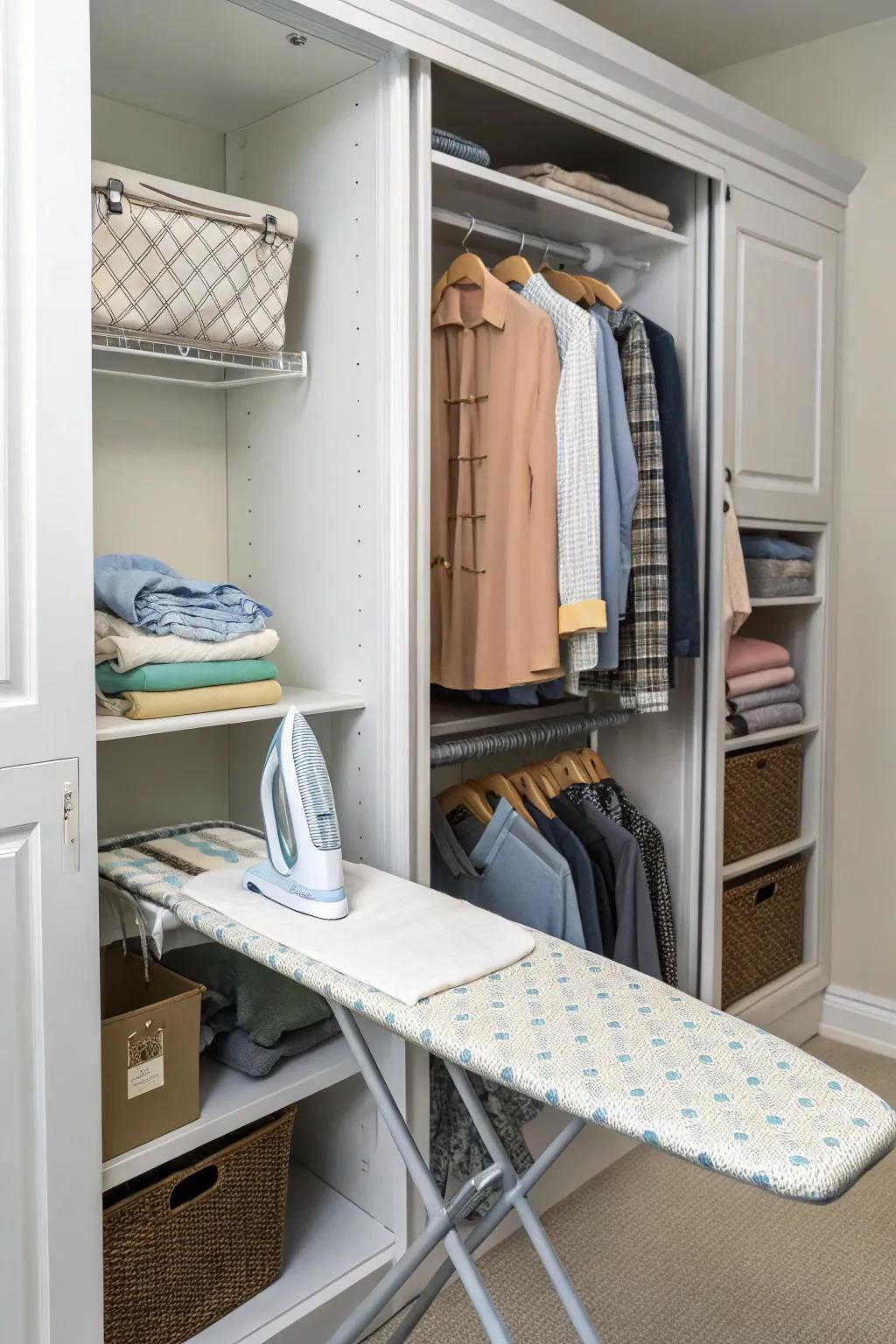 Fold-away ironing tables offer convenience without clutter.