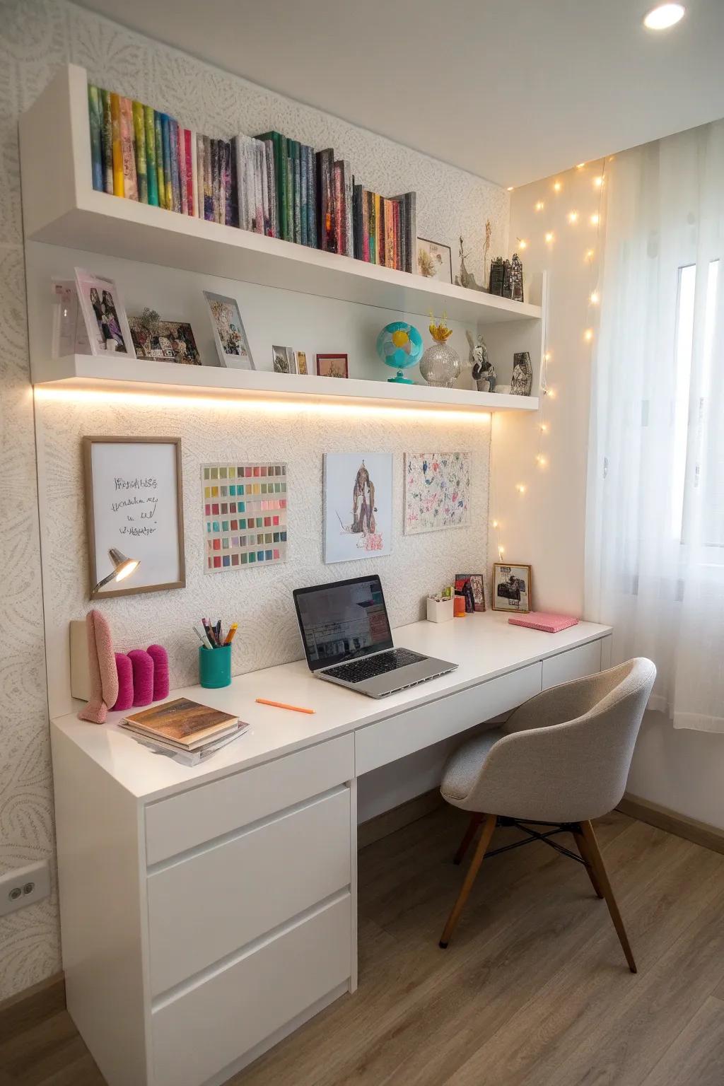 An elevated desk adds functionality and modern style.
