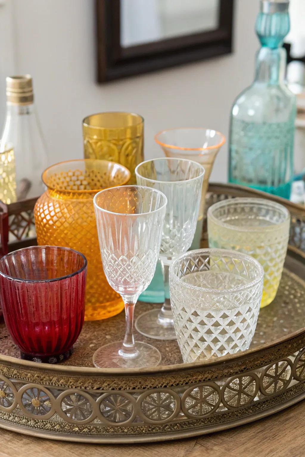 A stylish and adaptable glassware display across an ornamental serving surface.
