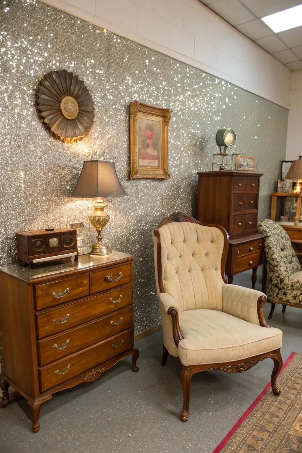 A glitter accent wall introduces timeless glamour into a chamber.