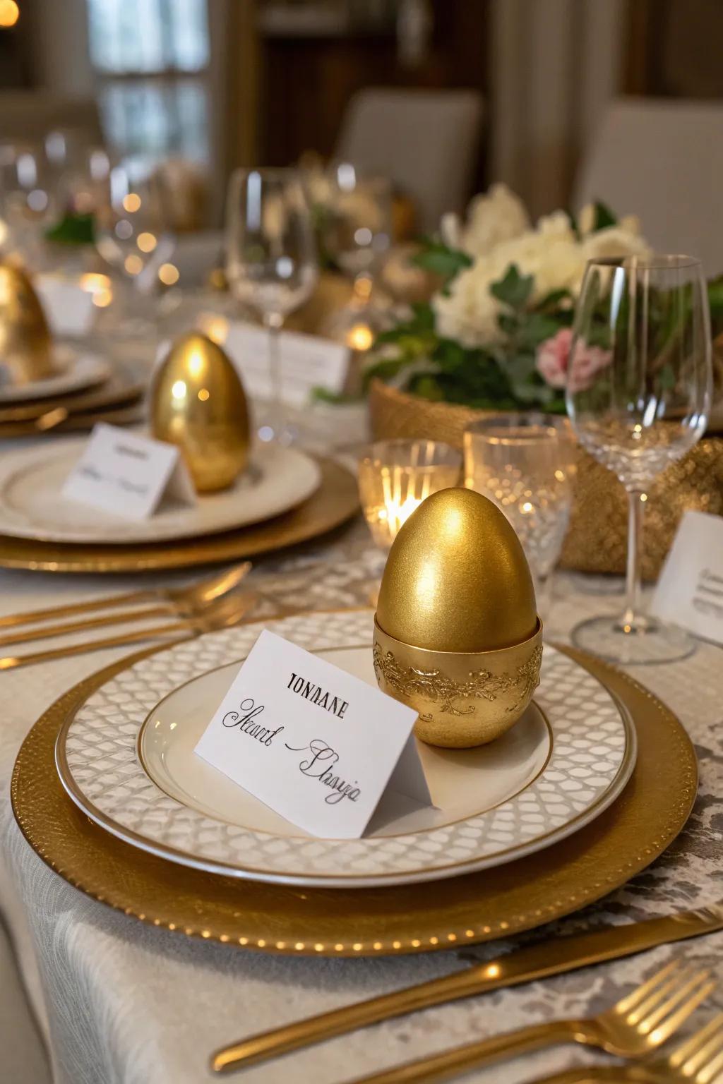 Gilded egg dining designation markers impart sophistication to your Easter dining arrangement.
