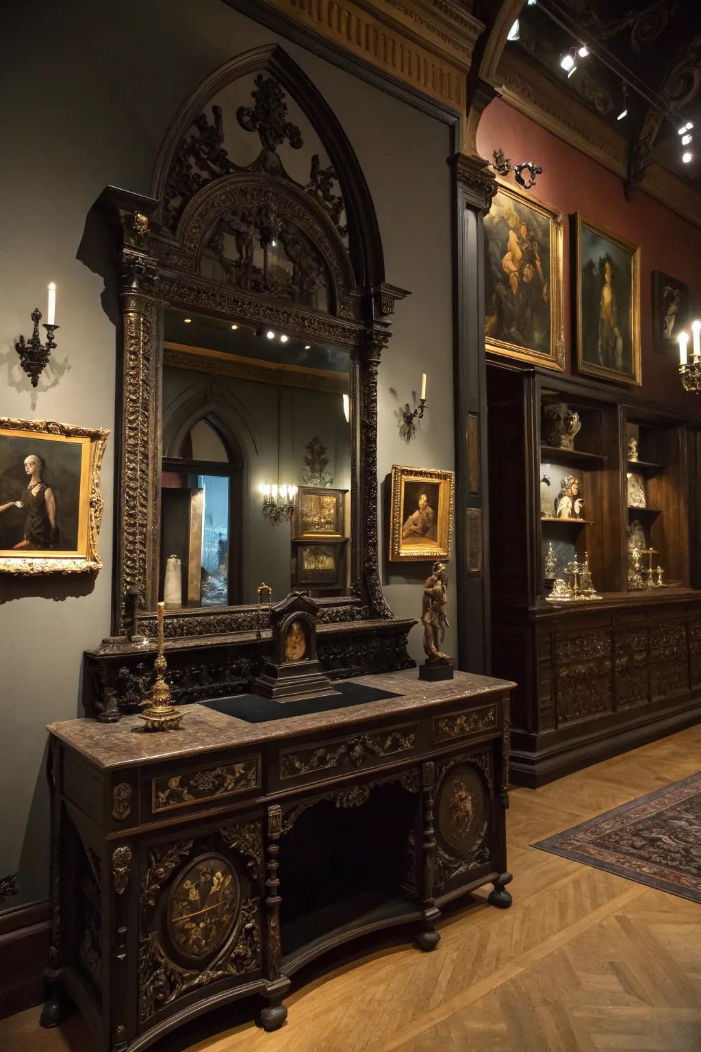 Elaborate frames enhance the shadowy aesthetic beautifully.