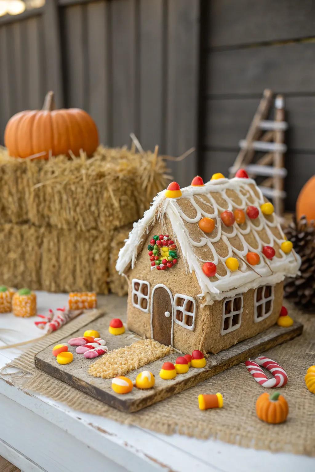 Festive farmhouse gingerbread house with rustic charm.