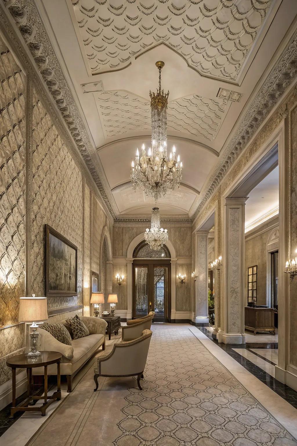 Material components add warmth to an impressive entryway.