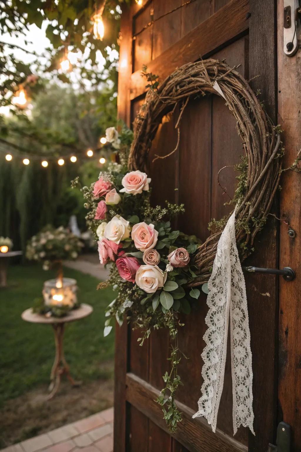 A romantic grapevine wreath presenting roses and trim.