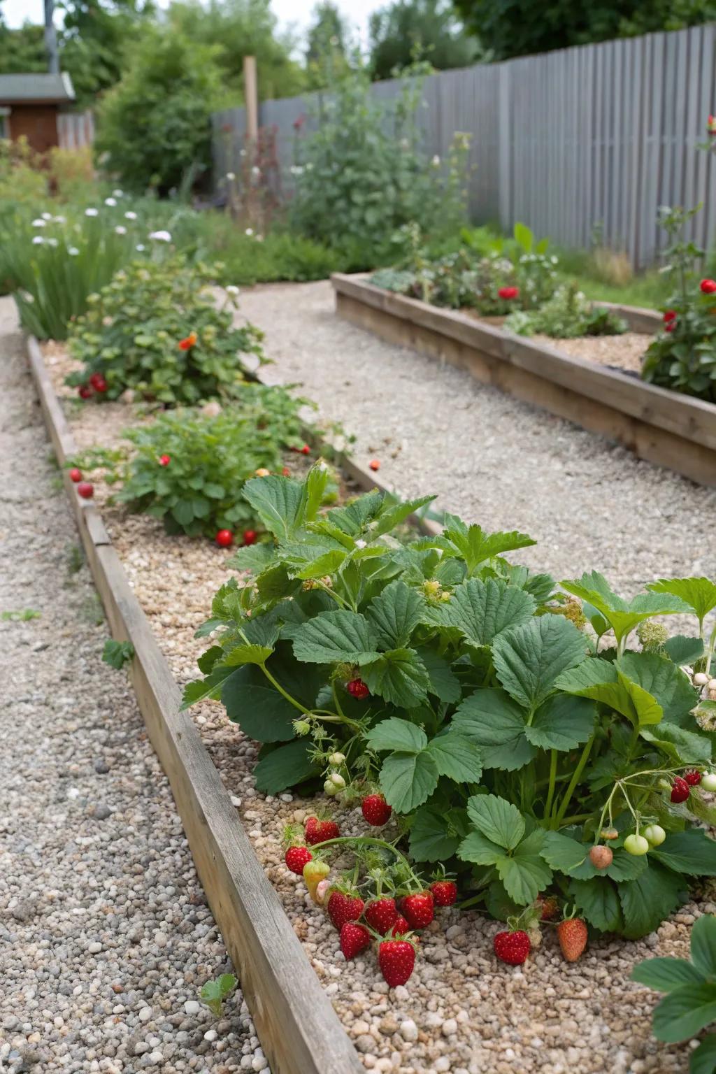 An edible gravel flower bed displaying strawberries