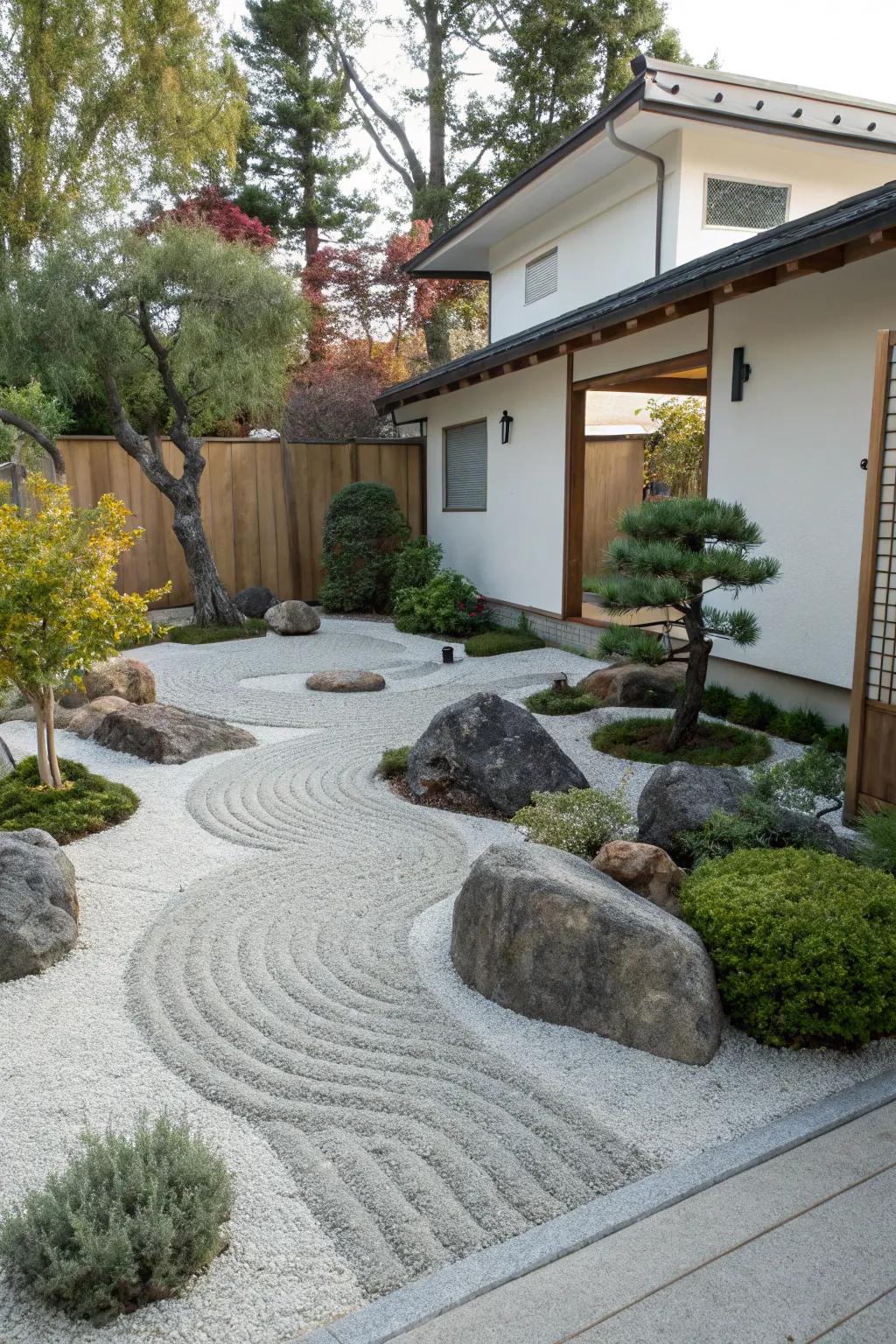 A tranquil Zen garden with rock fashions a peaceful retreat.
