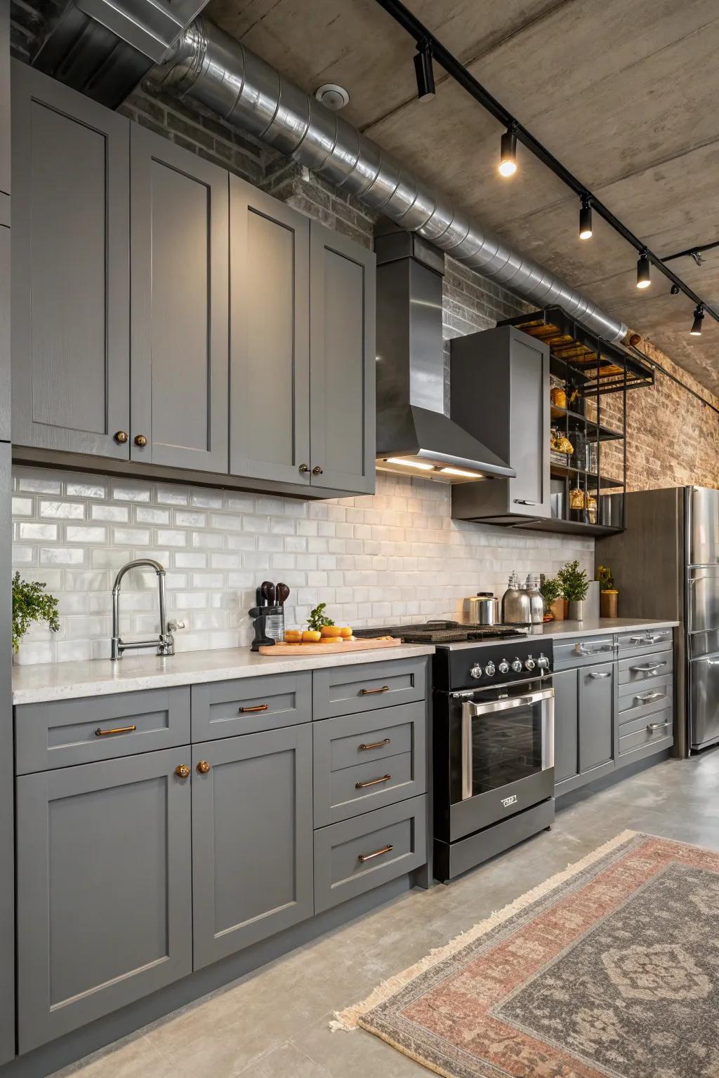 Industrial accents give a distinctive edge to gray kitchen cabinets.