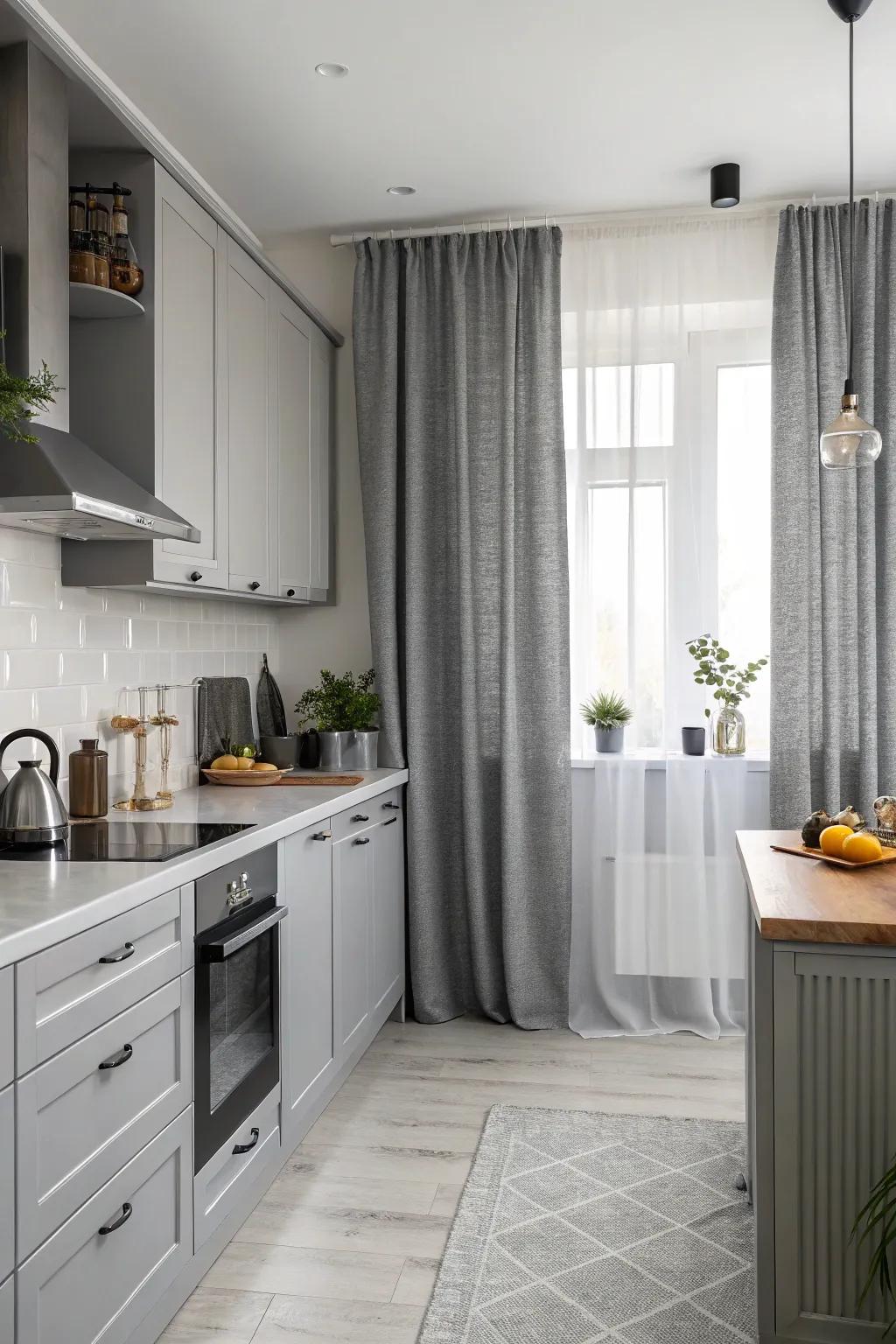 Single-color elegance using shades of gray for a unified kitchen look.