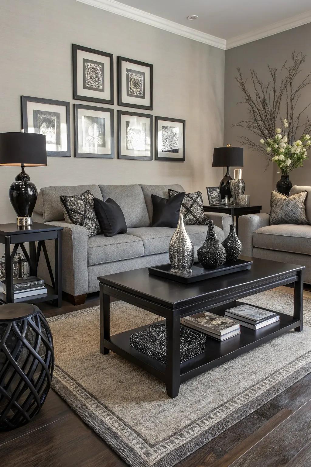 Black accents add a striking contrast to a gray room.
