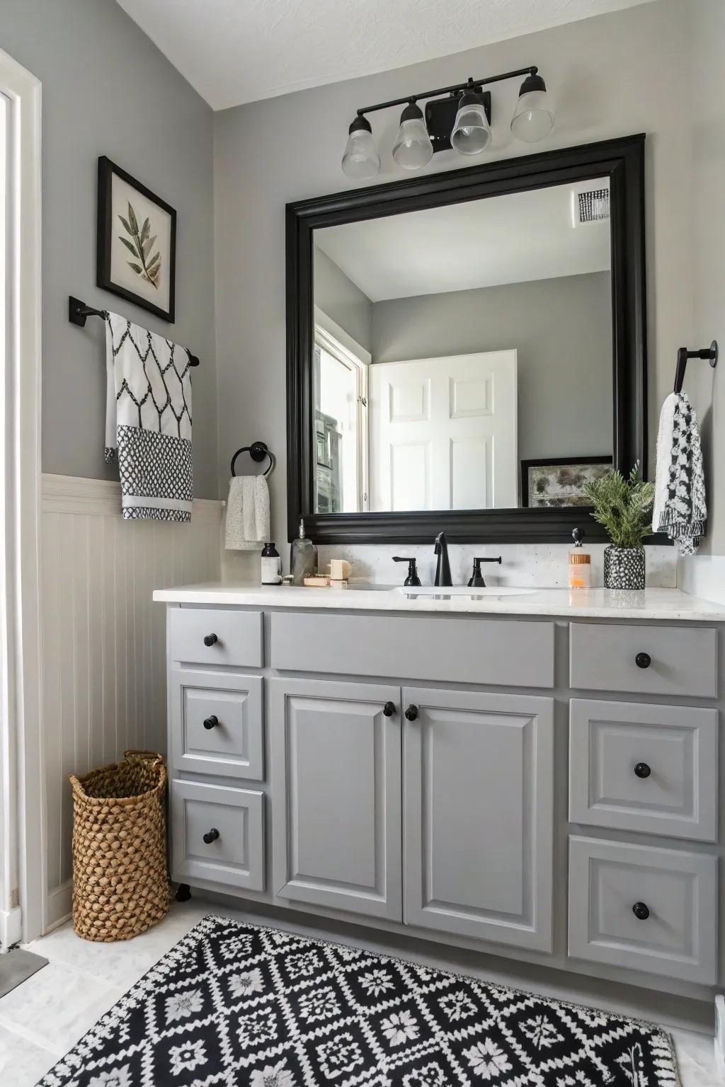An elegant monochrome bathroom features a gray vanity as the centerpiece.