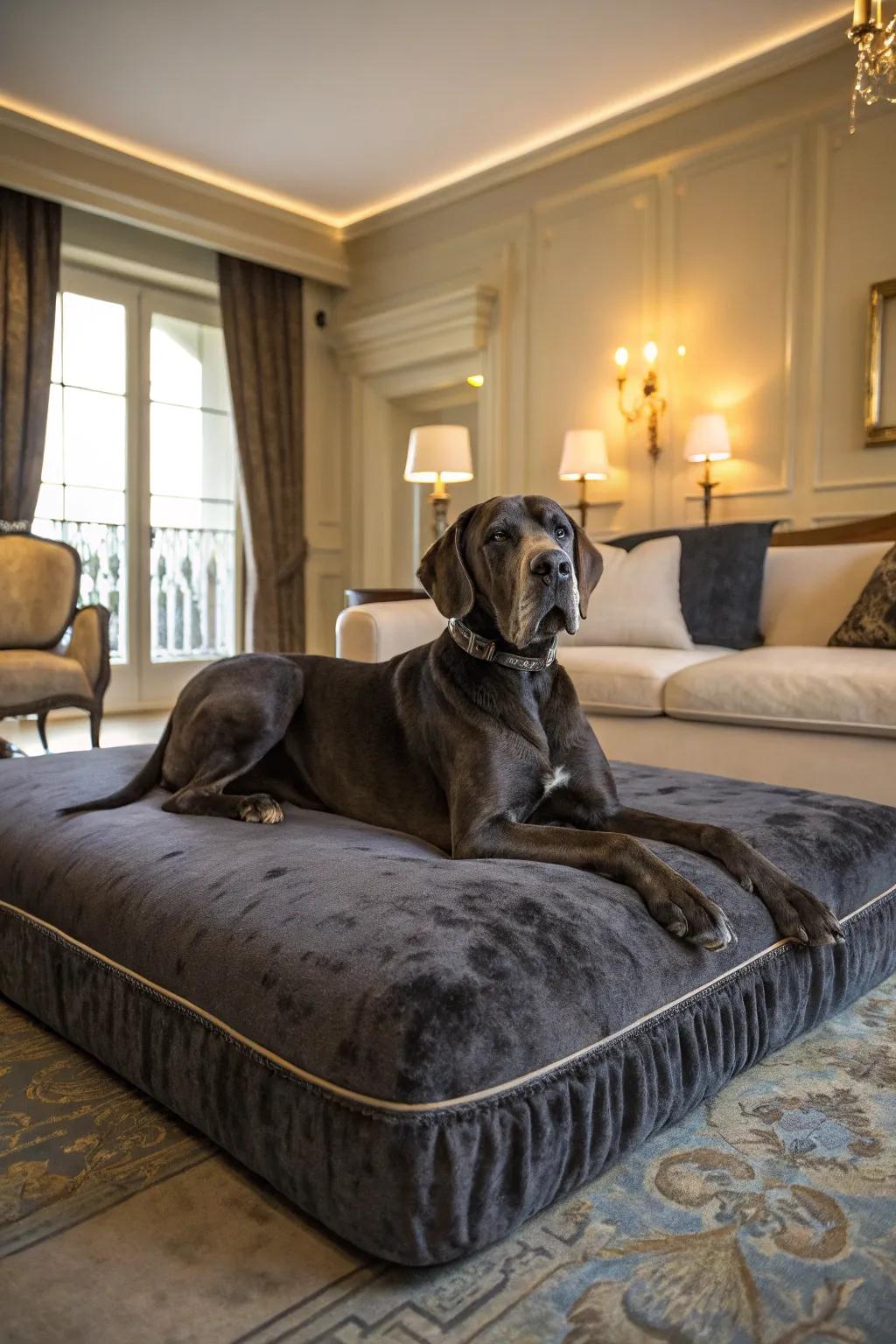 Velvet-covered beds offer a touch of luxury and unparalleled comfort for your Great Dane.