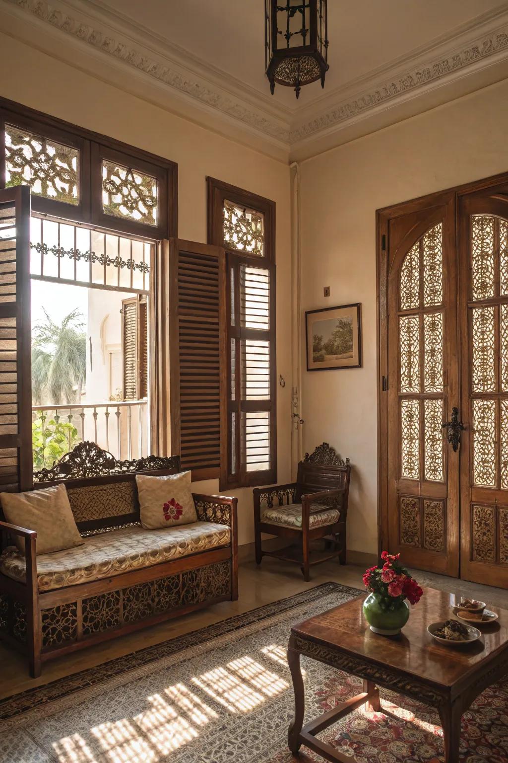 Timeless shutters offer privacy and style in this traditional living room.