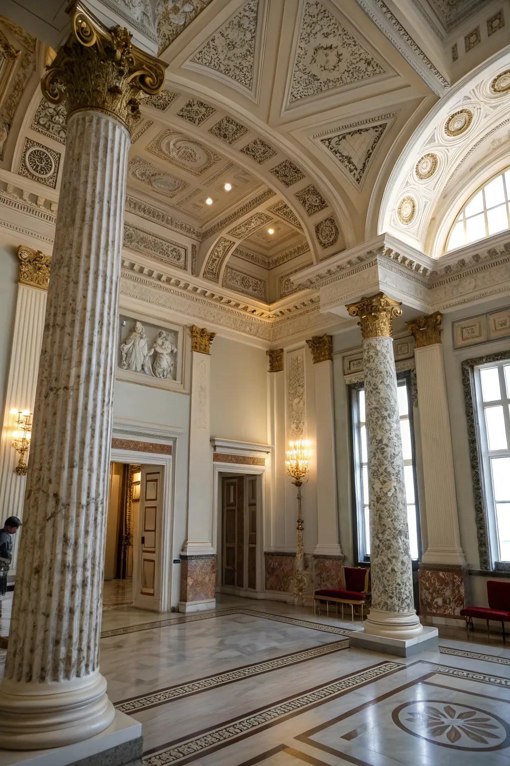 High ceilings contribute grandeur and grace to Hellenic-inspired spaces.