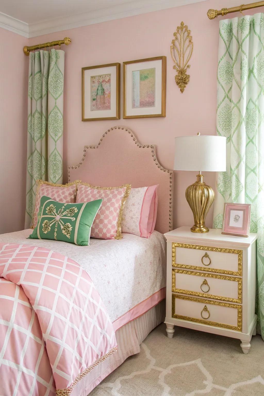 Gold accents bring a touch of glamour to the green and pink theme.