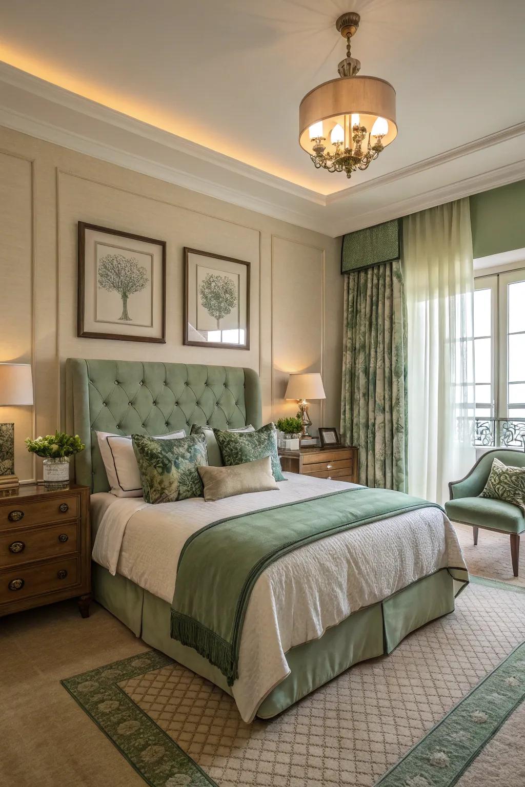 Green and neutral hues blend seamlessly for a serene and balanced bedroom.