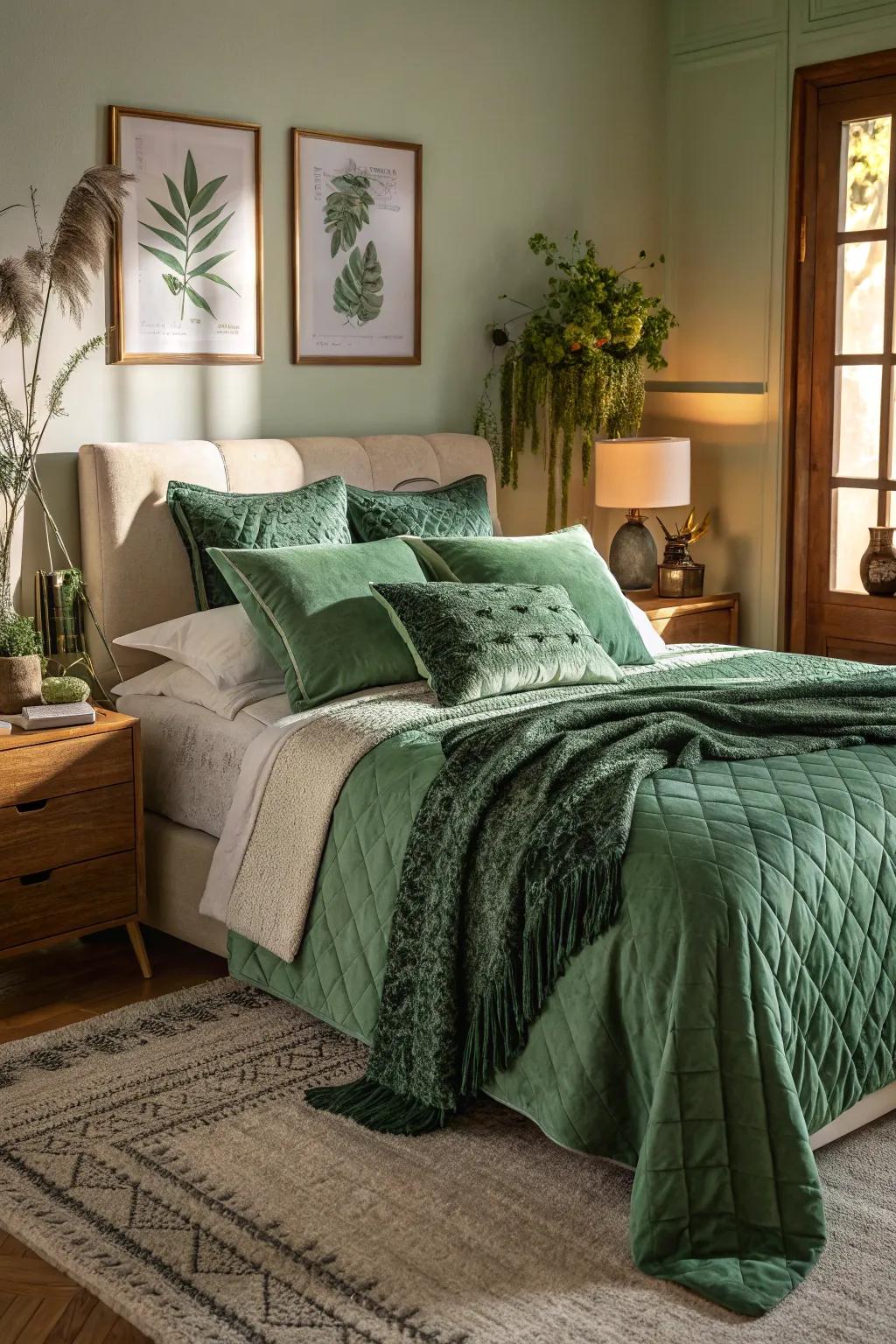 Layered green textures give the bedroom more depth and coziness.
