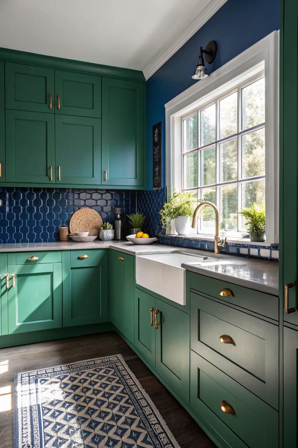 Striking kitchen featuring green cabinets and a bold accent wall.