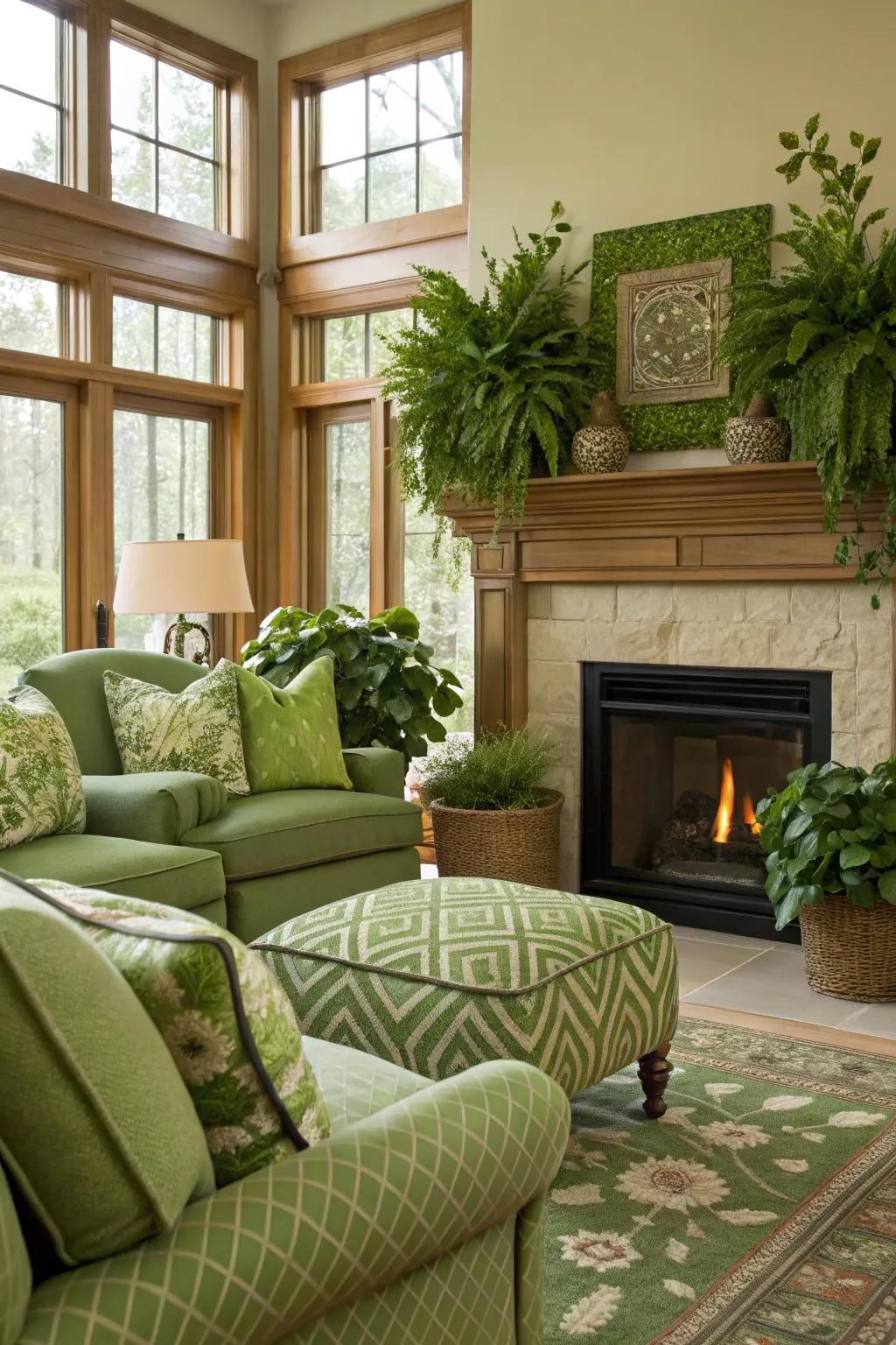 A dynamic living room featuring a fireplace with stratified verdant hues.