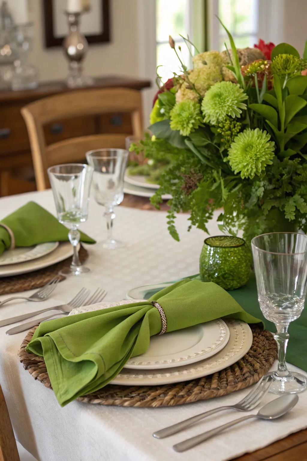 Green table settings add freshness and color to meals.