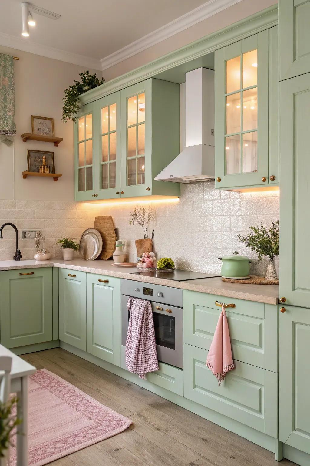 Light green cabinets offer a soft, unexpected delight in the kitchen.