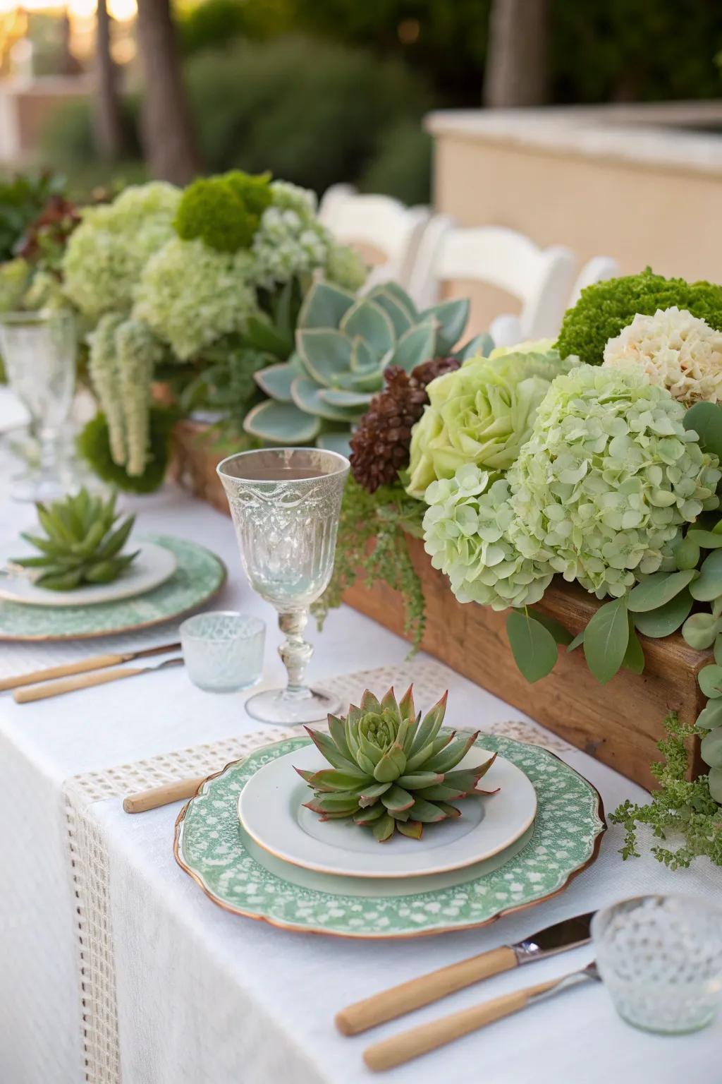 Green flowers add soft color and texture.