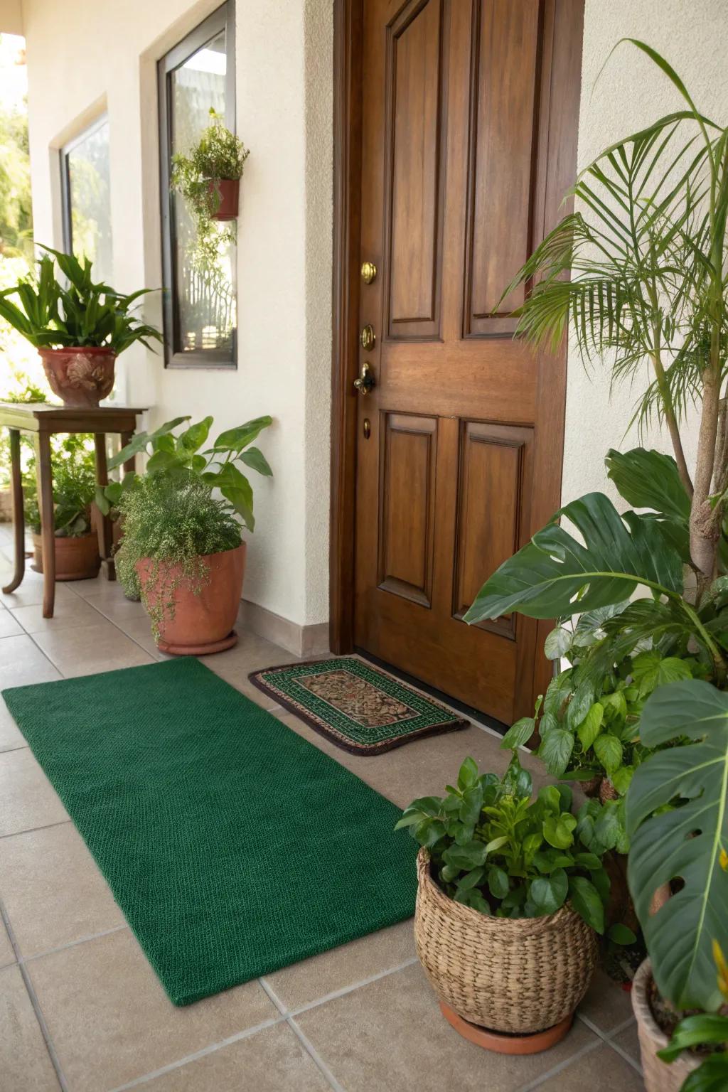 A welcoming entrance with verdant motifs.