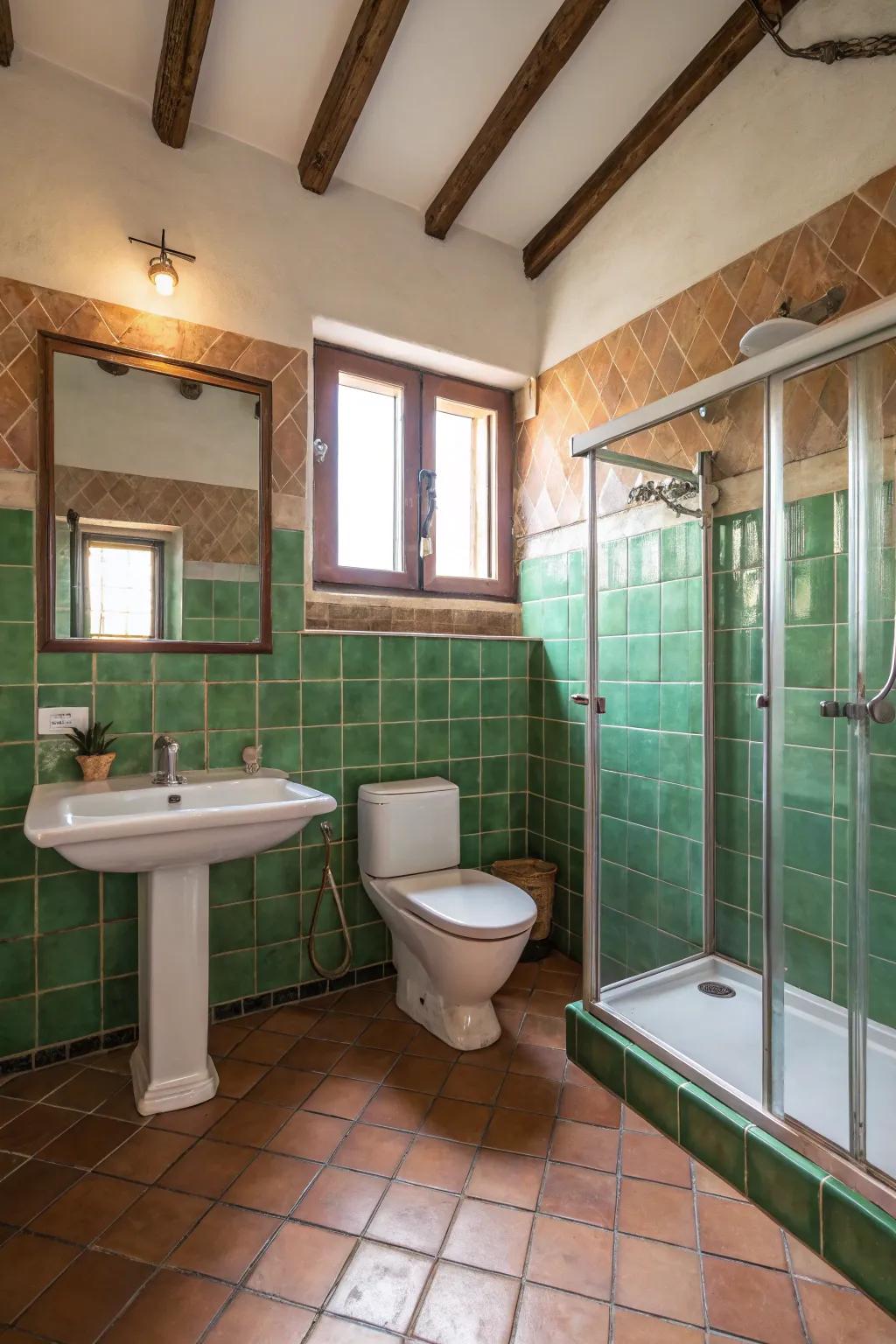 Green terracotta tiles add rustic warmth and texture.