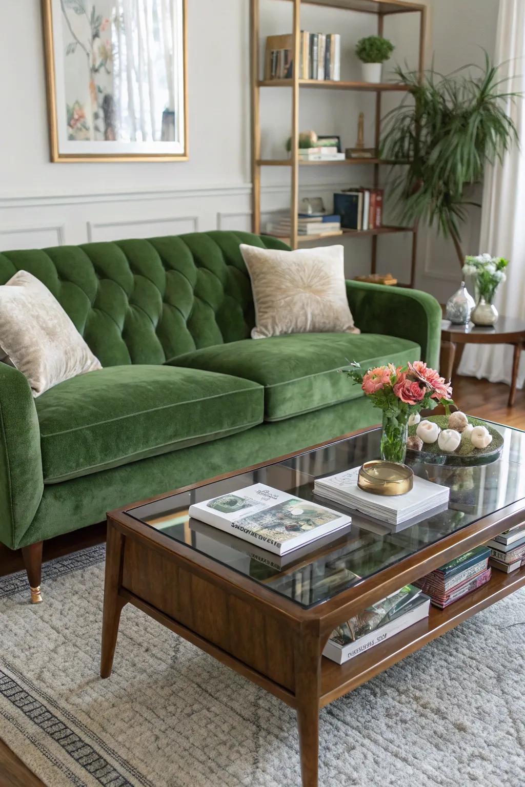 A mid-century modern living space featuring an emerald plush sofa and retro elements.