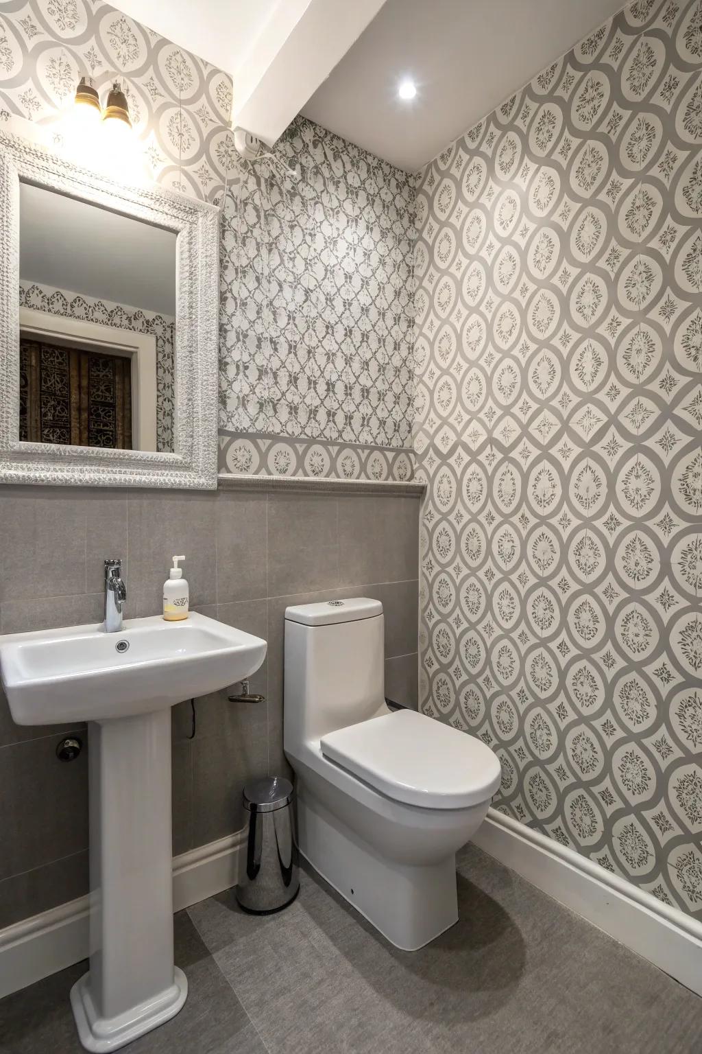 Patterned wallpaper adds character to the grey bathroom.