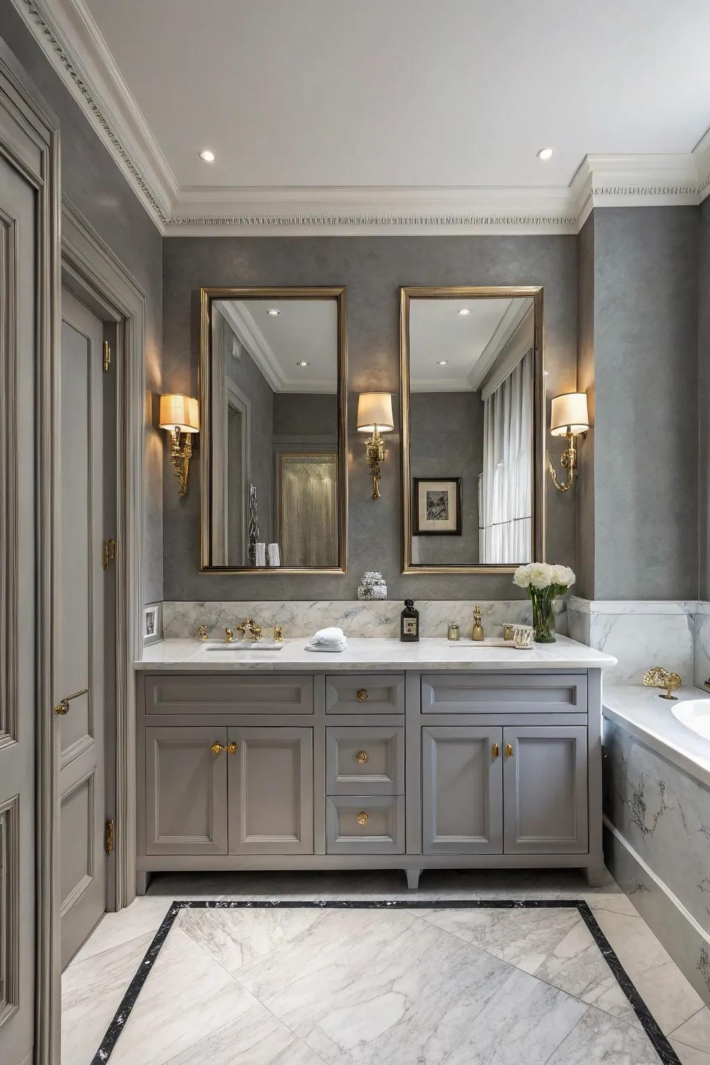 Chalk grey walls provide a sophisticated backdrop in this elegantly designed bathroom.