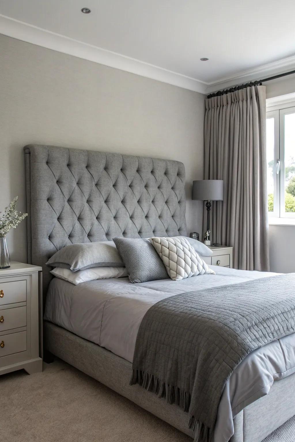 An upholstered grey headboard anchors the bed.