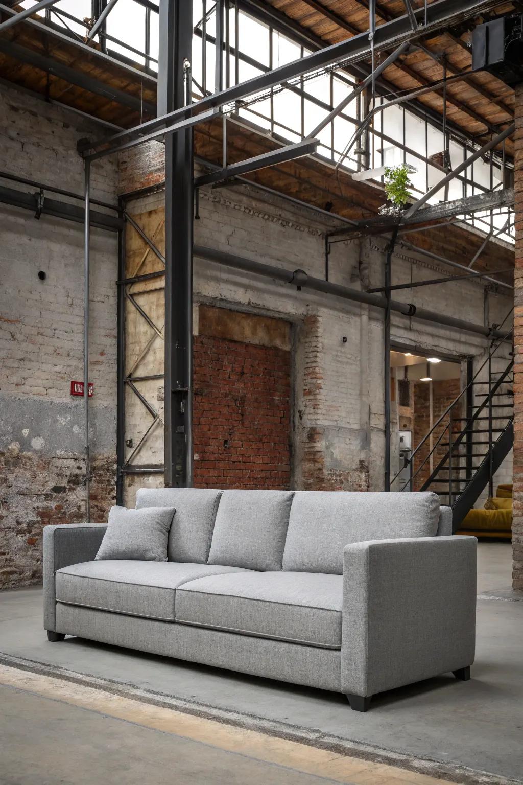 Elements from factories give a contemporary twist to a grey couch.