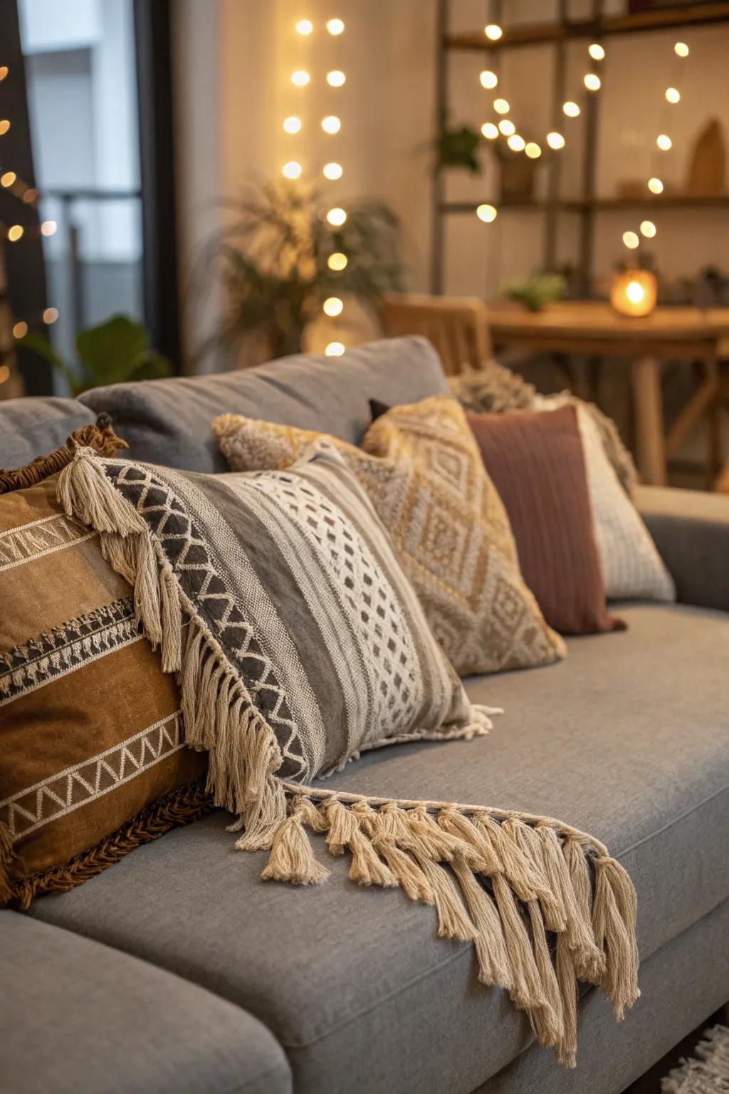 Bohemian pillows add a colorful and artistic touch.