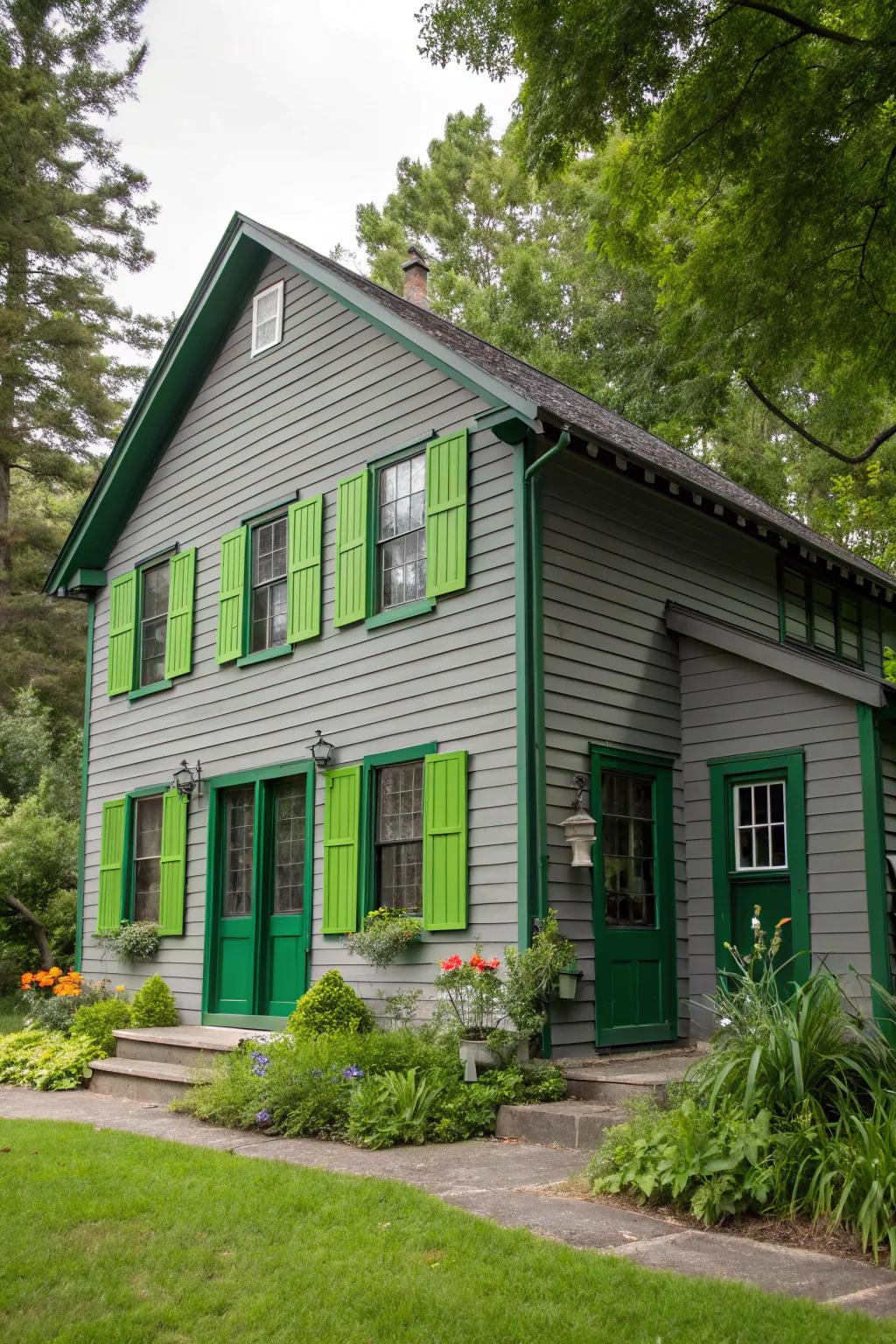 Vibrant emerald accents bring life to a grey exterior.