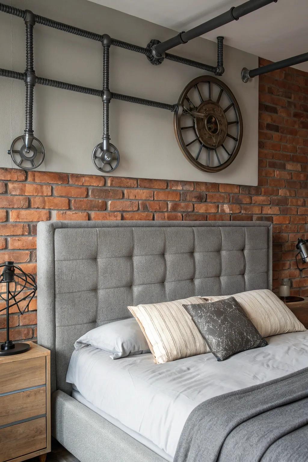 Industrial motifs add character to a bedroom with a grey headboard.