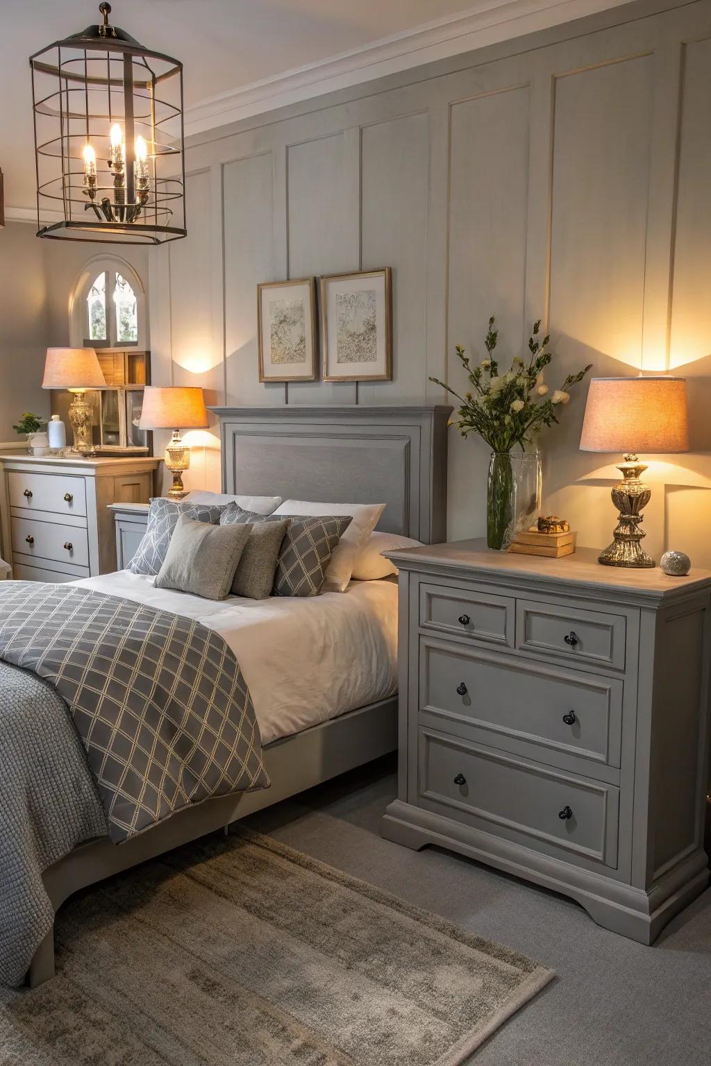 Explore how layered lighting enhances the mood in a grey-themed bedroom, creating depth and ambiance.