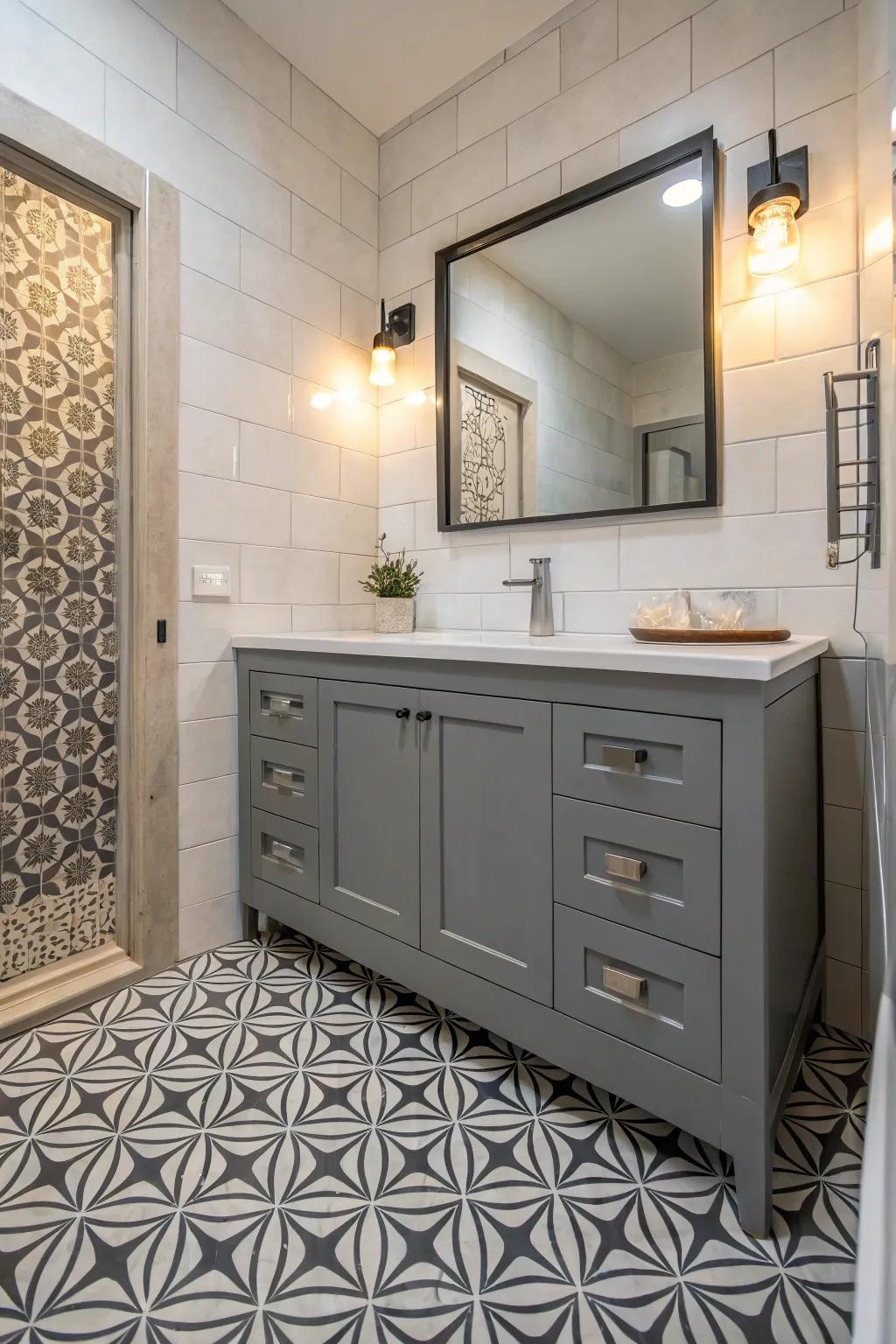 Geometric patterns introduce a contemporary flair to the grey vanity setup.